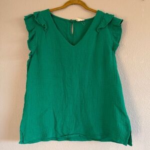 BiBi Emerald Green Ruffled Cap Flutter Sleeve Blouse Crinkle Gauze Top Plus XL